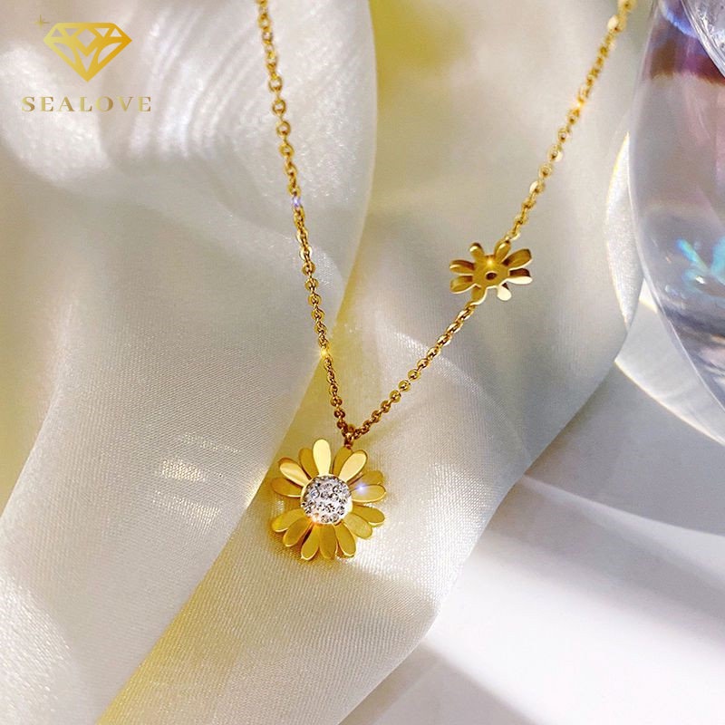 SEALOVE Kalung Anting Set Daisy Wanita kalung titanium anti karat dan luntur 18k Emas Perhiasan Premium Korea