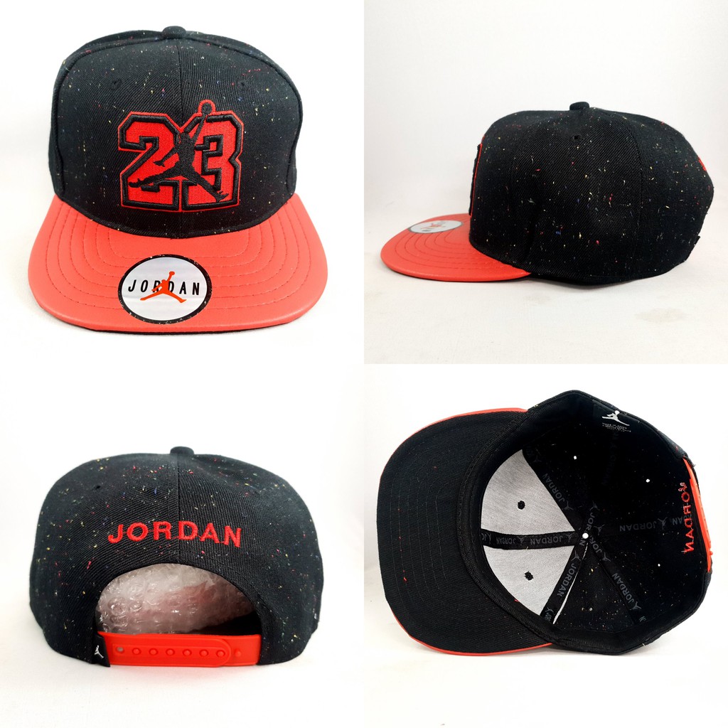 TOPI SNAPBACK 23 AIR JORDAN HITAM LOGO MERAH VISOR KULIT