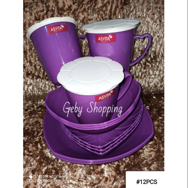 ASVITA 9 12 PCS PAKET CANTIK PIRING SET MANGKOK DAN GELAS PLASTIK HIJAU 9PCS 12PCS UNGU