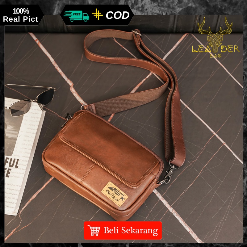 Tas Selempang Kerja Kulit Pria Import Original Model Terbaru Warna Coklat Waterproof | Tas Kecil Slingbag Messenger Kulit Cowok Ori Distro Keren Anti Air Murah Berkualitas 2022 PAULSKY B64