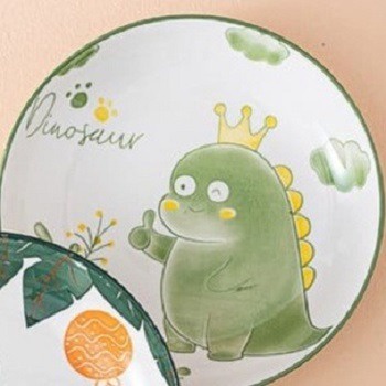 Piring Keramik Korea Motif Nanas/Strawberry/Pohon/Bunga Rose Pink Variasi 20cm-PRG DINO 1 -- 20CM