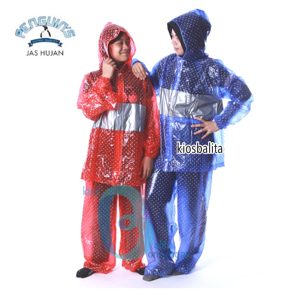 JAS HUJAN JAKET CELANA POLKADOT PENGUIN'S 100% PVC BAHAN TEBAL DAN AWET / RAINCOAT PENGUINS PREMIUM