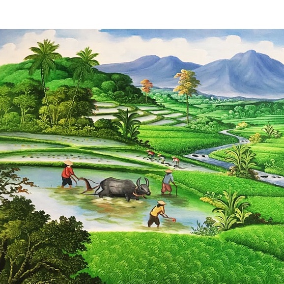 Lukisan Pemandangan Padi Nuansa Hijau Dengan Kerbau dan Petani