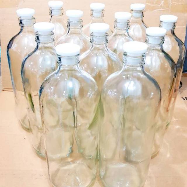 Botol Kaca Beling 1 Liter + tutup plug baru / Botol jamu baru / botol bensin kaca tutup plug transparan { PROMO BELI 30 PCS BONUS POUCH SERBAGUNA }