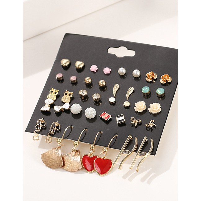 LRC Anting Tusuk Fashion Color Mixing Pearl Drop Oil Alloy Heart Heart Earring Set K34483