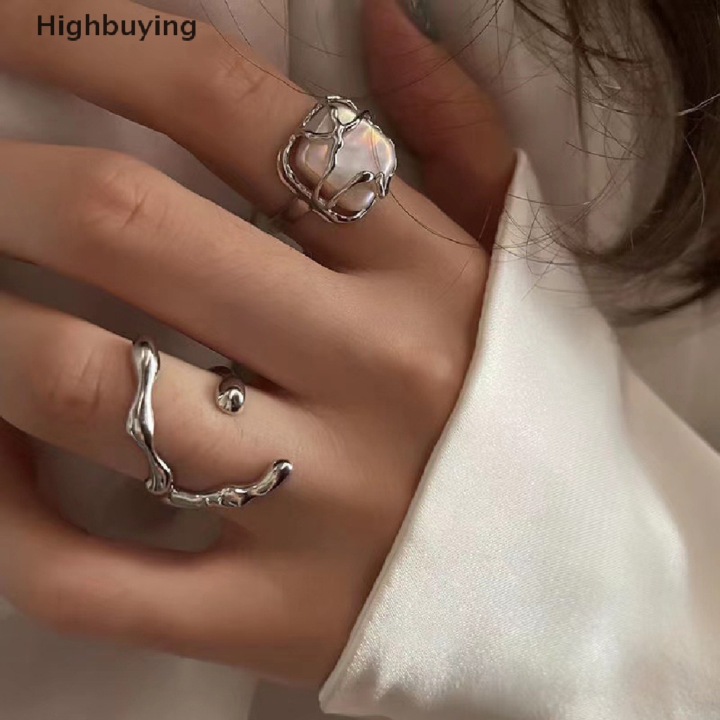 Hbid 2Pcs / Set Cincin Terbuka Gaya Vintage Motif Geometri Gelombang + Mutiara Untuk Perhiasan Wanita Glory