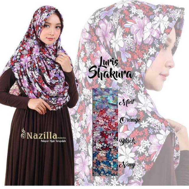 BERGO LURIS SAKURA. JILBAB NAZILLA. KERUDUNG INSTAN BUNGA. HIJAB MOTIF