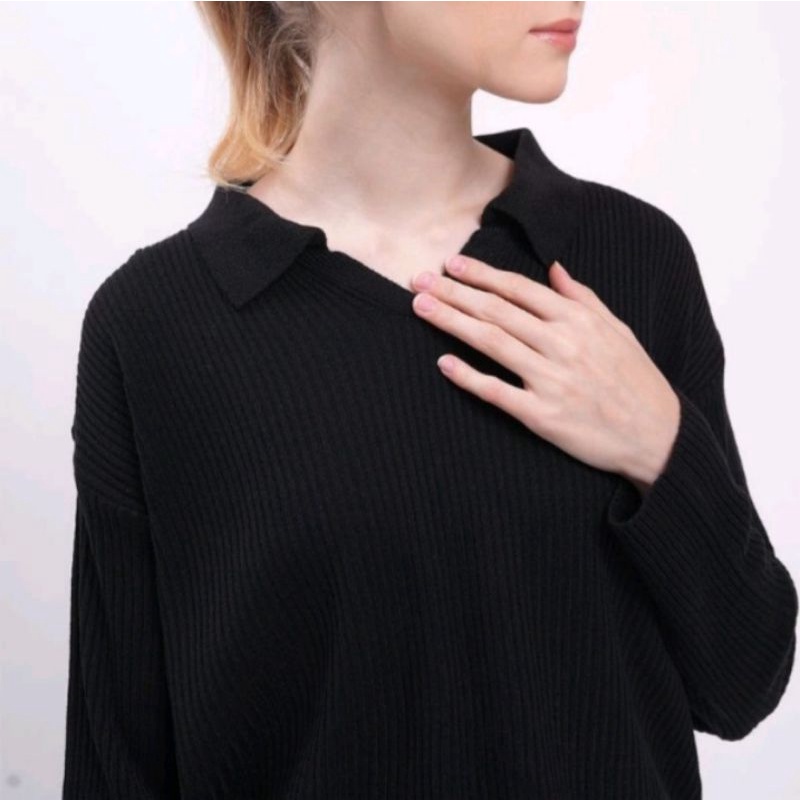 Crop blues KOREA | Atasan rajut polo crop top | outer wanita berkerah