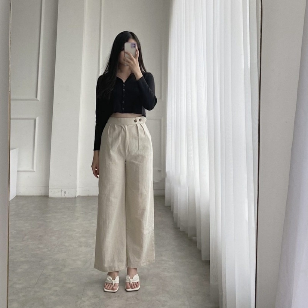 BEFAST - ZRD OOTD Celana Panjang Kulot CINDY / SIDE BUTTON LINEN PANTS / Celana Kulot Wanita / Celana Panjang Terbaru 2022 / Celana Kulot Polos Casual / OOTD Wanita Kerja / Terlaris / Termurah