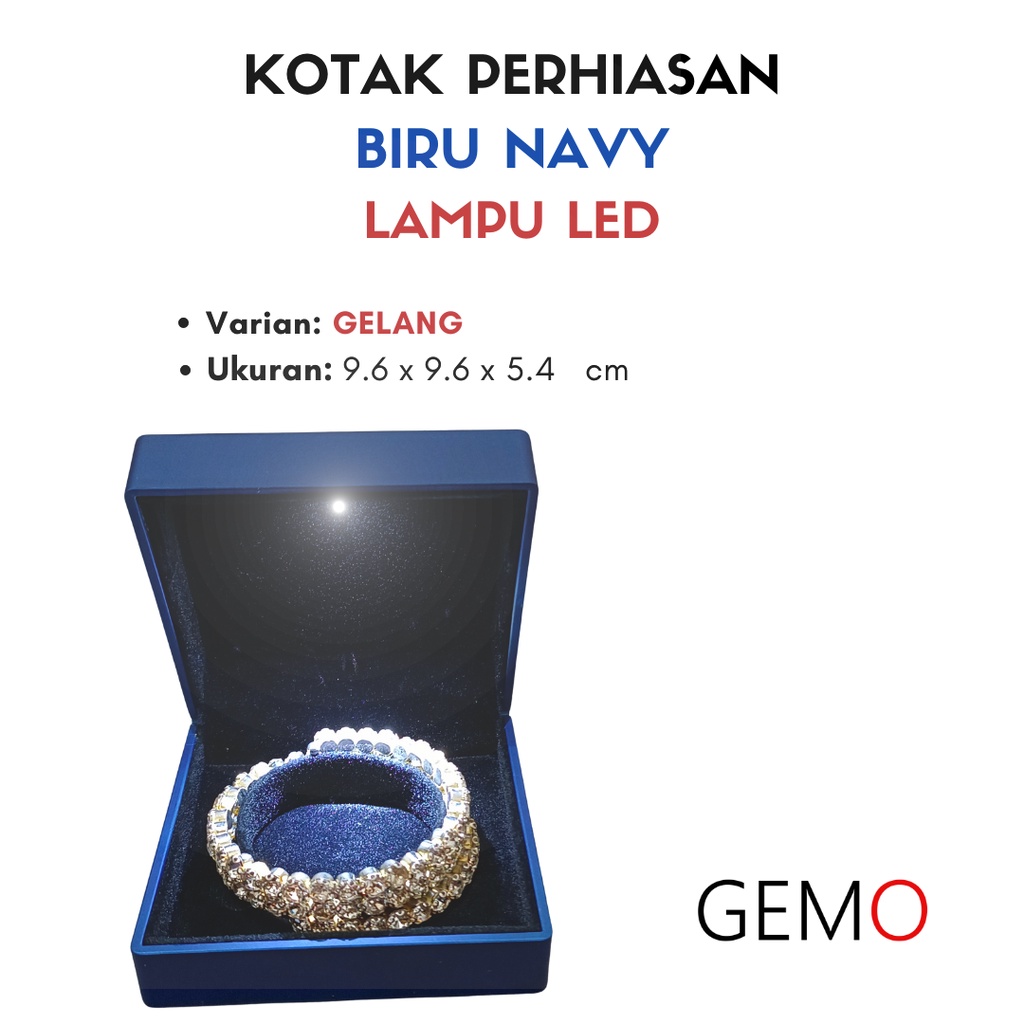 Kotak Perhiasan Berlampu Warna Biru Navy Set / Cincin / Liontin / Gelang / Kalung Koye / Jewelry Box Tempat Perhiasan Lampu LED Murah Cocok Untuk Gift / Hadiah, Lamaran, Mahar Pernikahan, Hantaran Tunangan, Seserahan Pernikahan