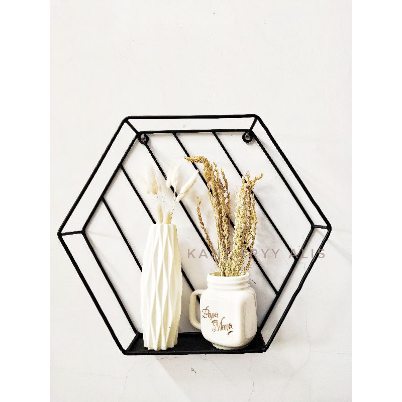 RAK DINDING / RAK DINDING MINIMALIS / PAJANGAN DINDING / KACA HEXAGONAL / RAK DINDING BESI /PAJANGAN