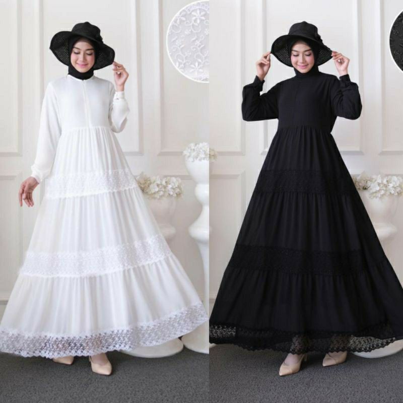 ( Bayar Ditempat ) Poky Dress Gamis Muslim Wanita Griya Falda - Gamis Ceruty Renda Rayya Hitam Putih