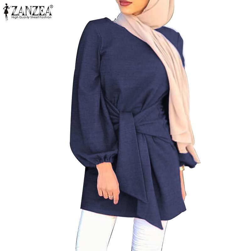 ZANZEA Women Puff Sleeve Solid Color Front Lace-up Muslim Blouse