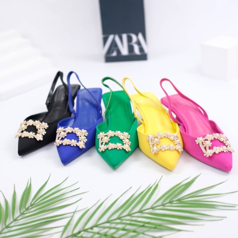 Sepatu Hak Wanita Satin ZR Shimmery Kitten Heels 3cm Premium Import Hitam Black Hijau Green Pink Fuc