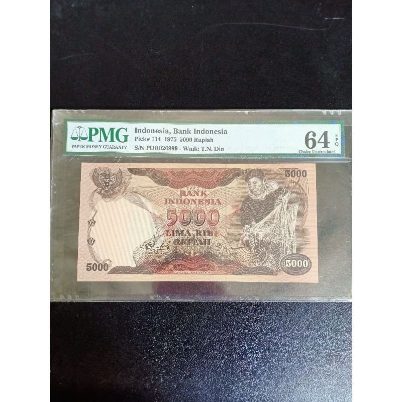uang kuno penjala ikan 5000 rupiah tahun 1975 pmg 64 epq