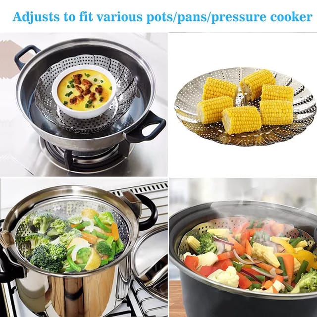 Alat Kukus Stainless Steel Flexible 14cm to 21cm / Kukusan Serbaguna / Nampan Pengukus Makanan Panci Lipat Tray Retractable / Tatakan Kukusan Serbaguna Kembang Kol