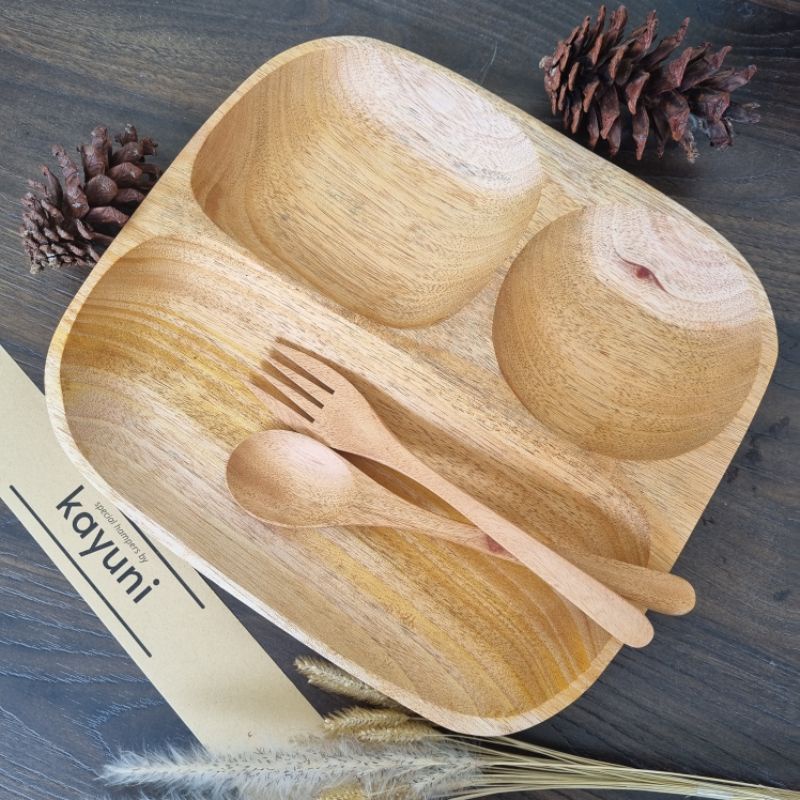 Piring Kayu Sekat Kotak / Piring Anak / Piring Diet