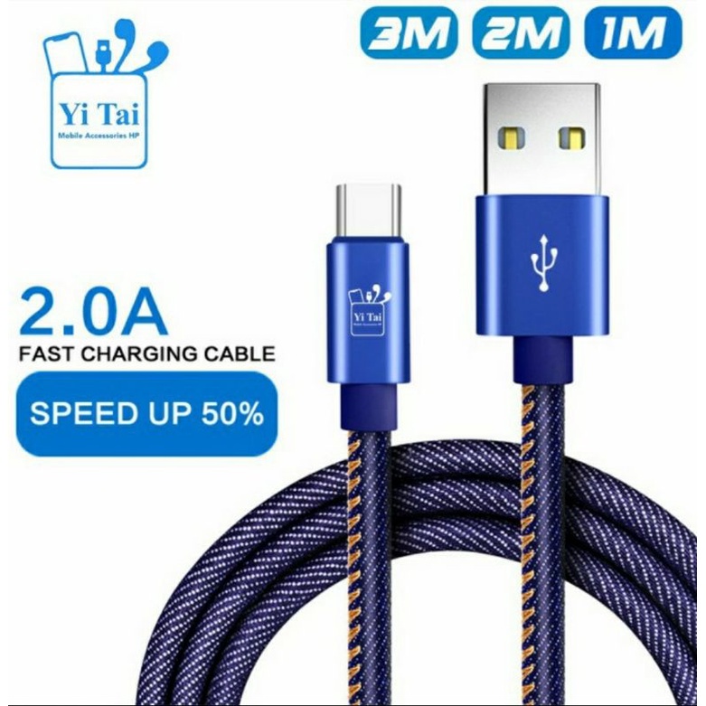 kabel data denim type c micro usb iphone fast charging 3a yi tai 2m
