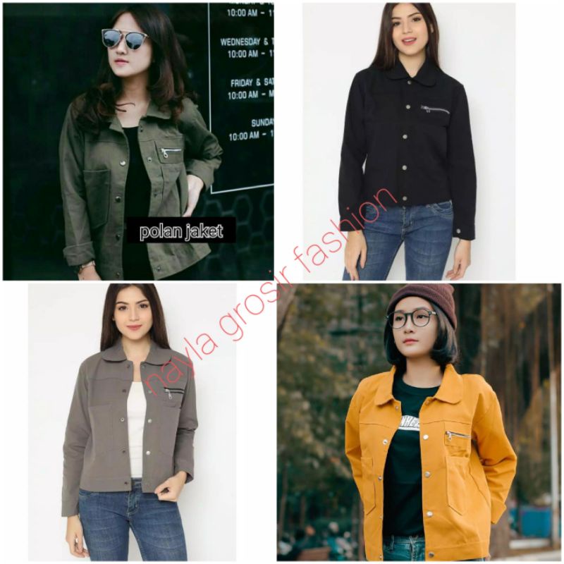 Jaket polan wanita/jaket polan kekinian/jaket canvas wanita/pocket zippy/jaket kerah wanita/ jaket canvas premium /zippy wanita/gudang fashion/murah - polos - bahan baby canvas