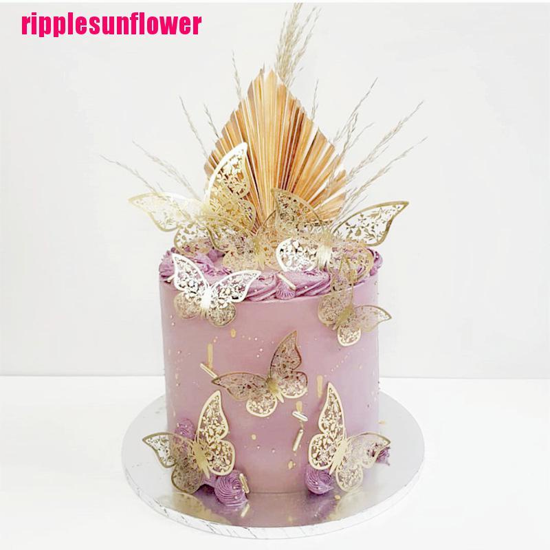 12pcs Topper Kue Bentuk Kupu-Kupu Bahan Metal Warna Emas