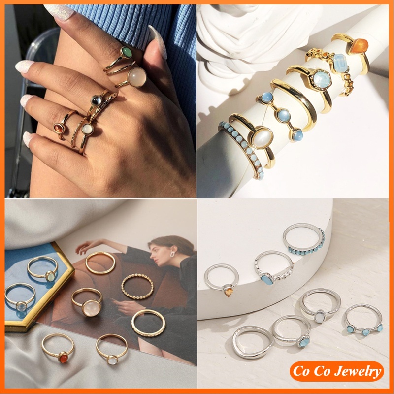 7pcs / Set Cincin Berlian Imitasi Bentuk Tetesan Air Untuk Aksesoris Perhiasan