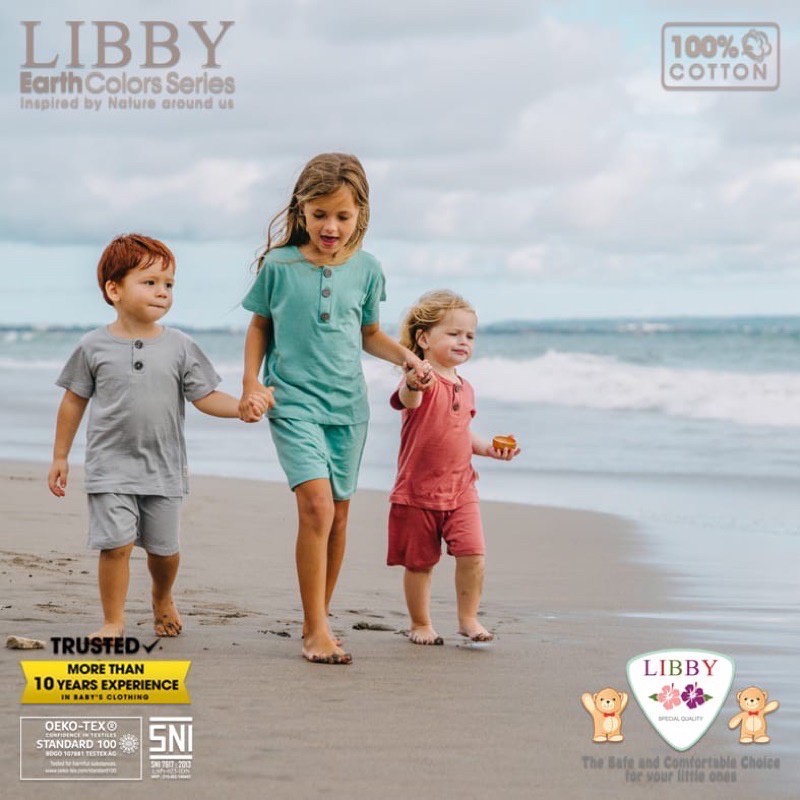 LIBBY INDONESIA Stelan Baju Oblong Lengan Pendek Celana Pendek Kancing Depan Fave Set | Motif Earth Fave Set | Unisex ( Cewek &amp; Cowok ) Untuk Bayi &amp; Anak ( 1 Stel )