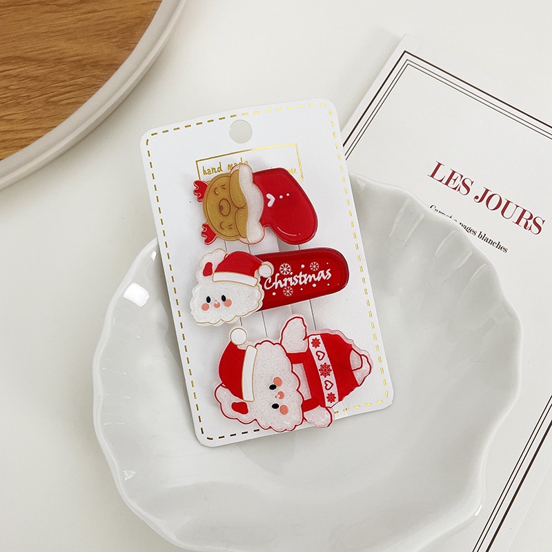 3pcs / Set Jepit Rambut Desain Pohon Natal Beruang Rusa Bahan Resin Untuk Anak Perempuan