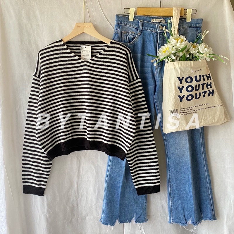 KHALIFASTOREE - SWEATER CROP RAJUT PENDEK STRIPPY MOTIF GARIS OUTWEAR/SWEATER RAJUT WANITA/SWEATER RAJUT STRIPE/BAJU RAJUT/SWEATER