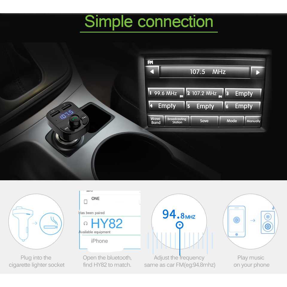 Bluetooth Audio Receiver FM Transmitter Handsfree with USB Car Charger