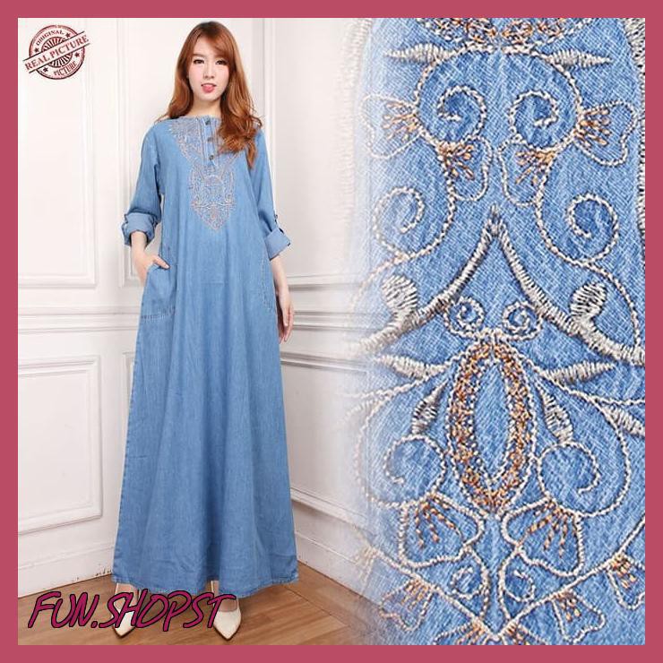 DRESS MAXI GAMIS VENYA LONGDRESS JEANS JUMBO WANITA - BIRU MUDA
