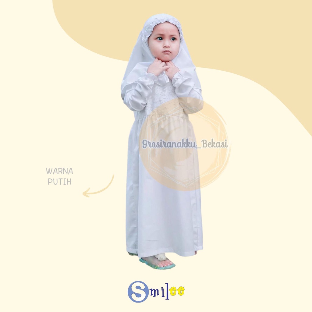 Gamis Kerudung Anak Aplikasi Brukat Putih Size 1-6Tahun