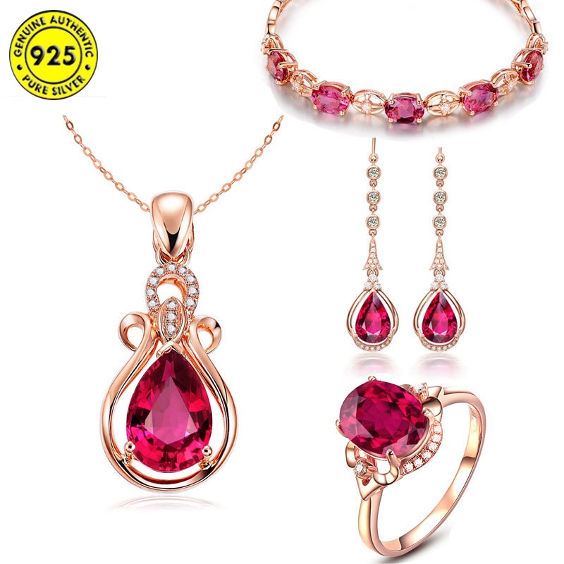 Set Kalung + Gelang + Cincin + Anting Gantung Sterling Silver 925 Rose Gold Dengan Kristal Ruby Untuk Wanita