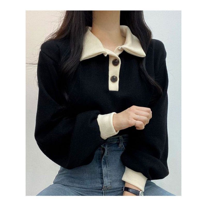 Sweater Wanita Oversize | Collar Girl Sweater Kancing Polos Kerah | Sweater Size M.L.XL | Korean Style