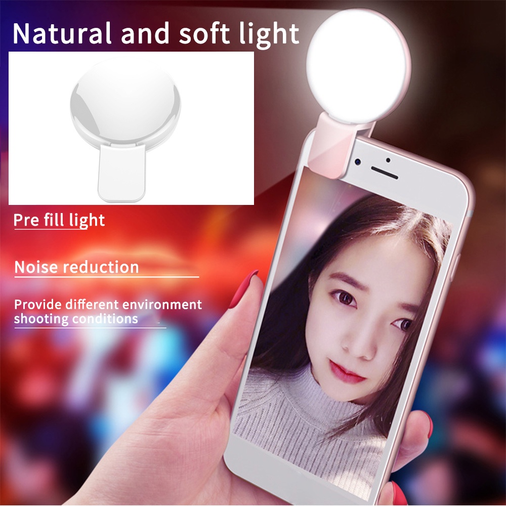 Portable Mini Selfie Ring Light/  3 Light Modes  Lens Beauty Fill Light/USB Rechargeable Clip Mobile Phone Fill Lamp/ Wome Adjustable Brightness Selfie Lights/ LEDS Lighting Night Darkness Lamp