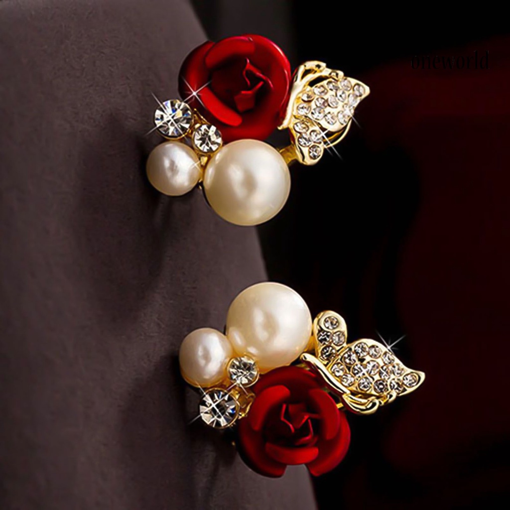 OW@ Earrings Red Rose Flower Faux Pearl Decor Exquisite Alloy Ear Studs Jewelry Gift for Party