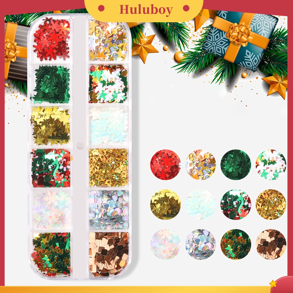 Huluboy Huluboy♡ 12 Grids / Box Stiker Sequin Mini Tema Natal Untuk Manicure