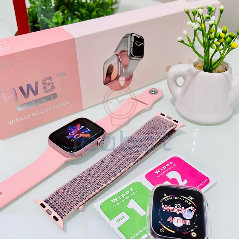 GARANSI❤️IWO ORI HW9UltraMini WANITA SMARTWATCH KECIL WIRELESS CHARGER IOS&amp;ANDROID BISA TELEPON/NOTIF WA/TAHAN AIR/TAIL BISA GANTI/CUSTOMER FOTO WALLPAPER