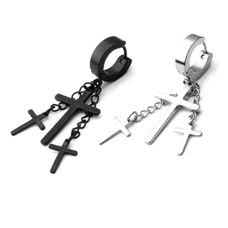 Anting Piercing Tindik Telinga Desain Salib Warna Hitam Bahan Stainless Steel 18g untuk Wanita