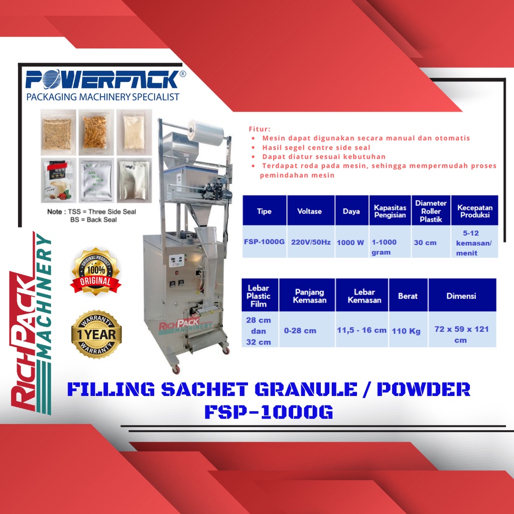 Powerpack FSP-1000G Packing Sachet Machine Mesin Packing Sachet Granule Powder 1000 Gram
