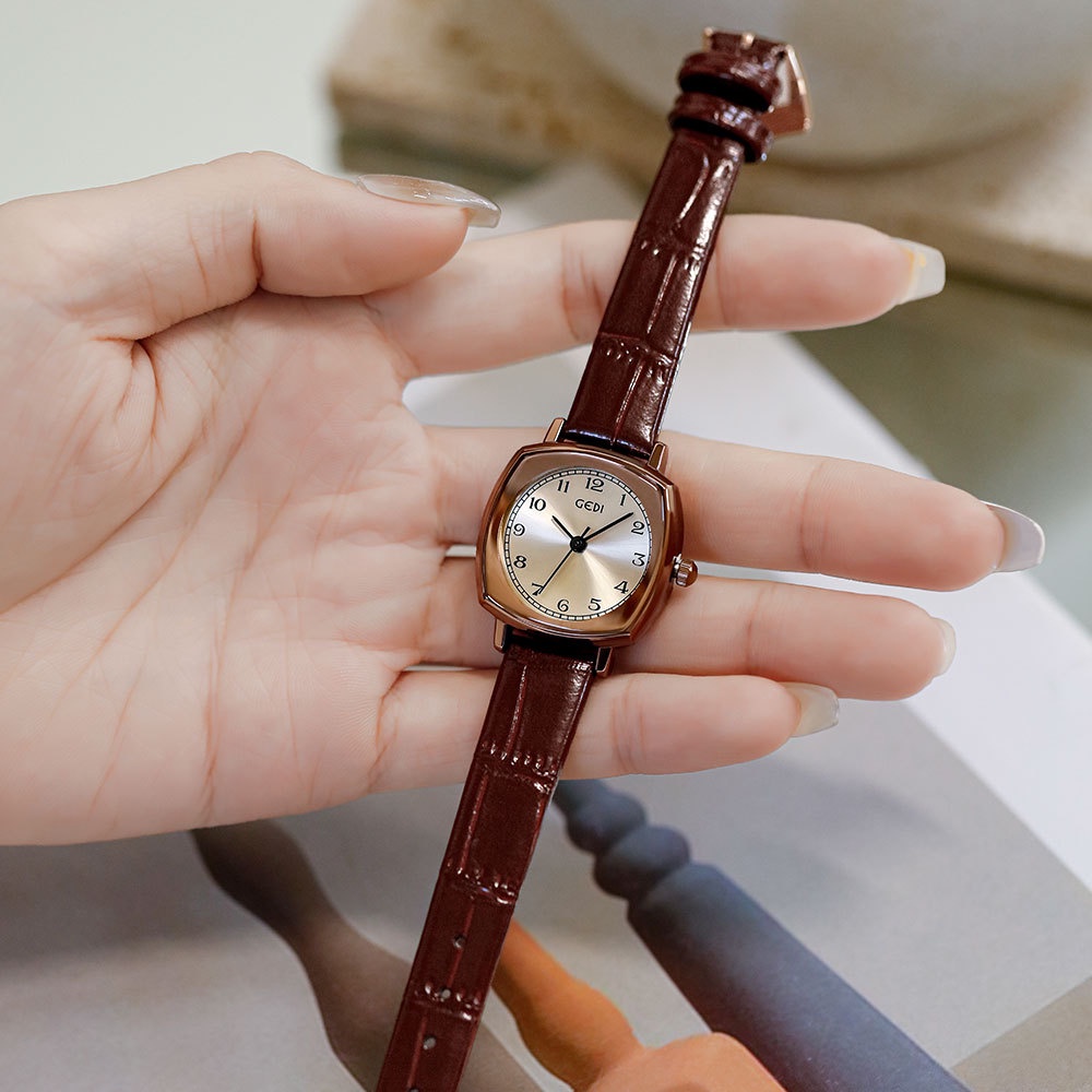 Jam tangan wanita tali kulit GEDI GEMINI desain Korea