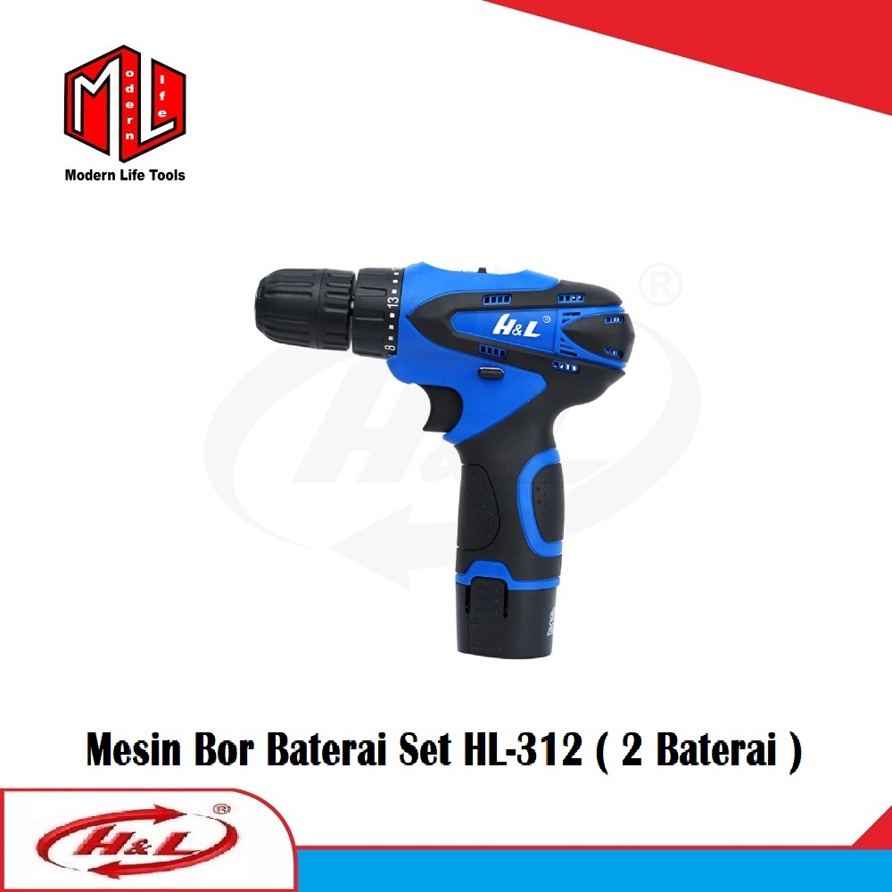 HL 312 Mesin Bor Baterai 10mm Cordless Drill + Mata Bor SET - 2 Batre