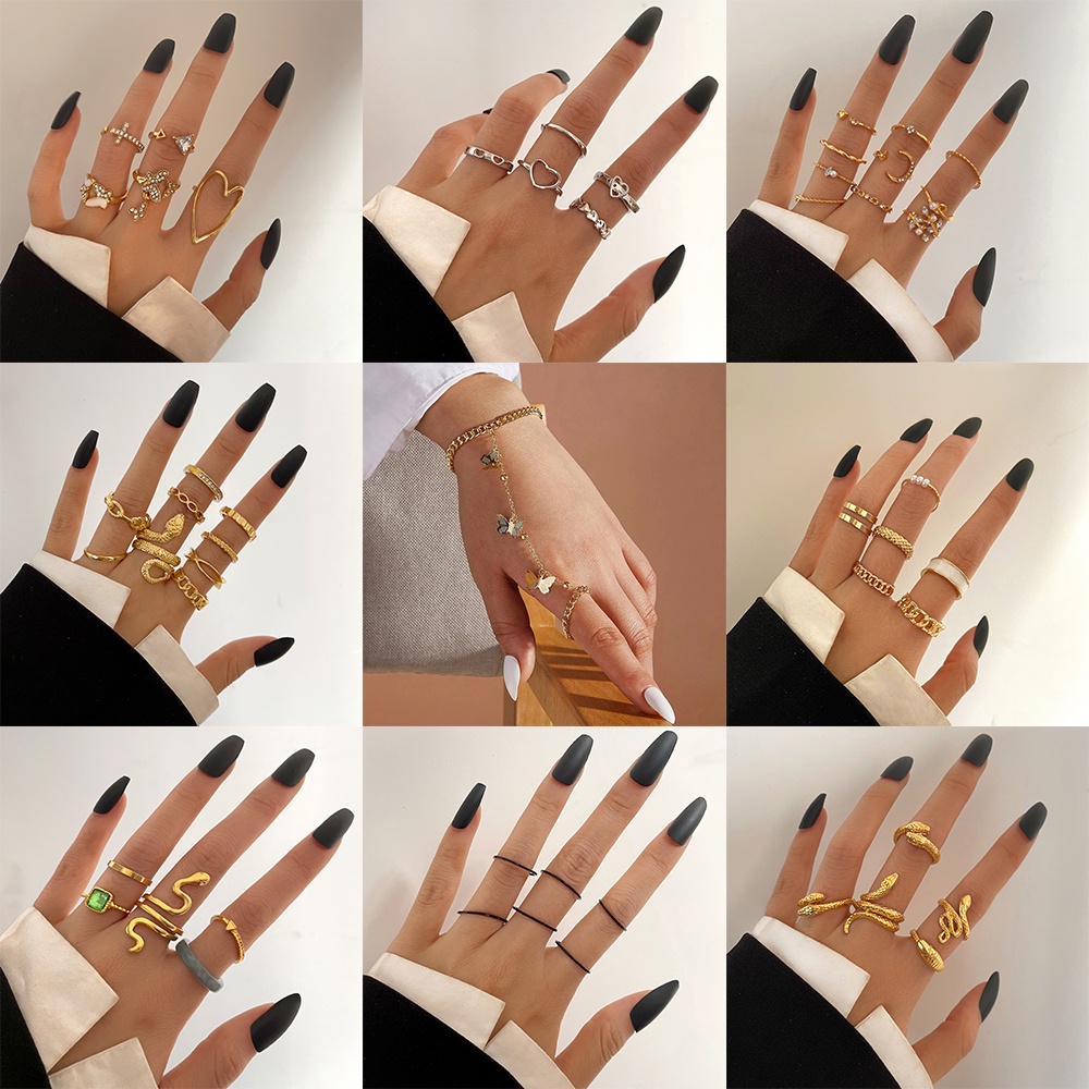 AY(CN) Set Cincin Desain Hati Butterfly Ular Aksen Mutiara Warna Emas Perak Gaya Korea Untuk Wanita