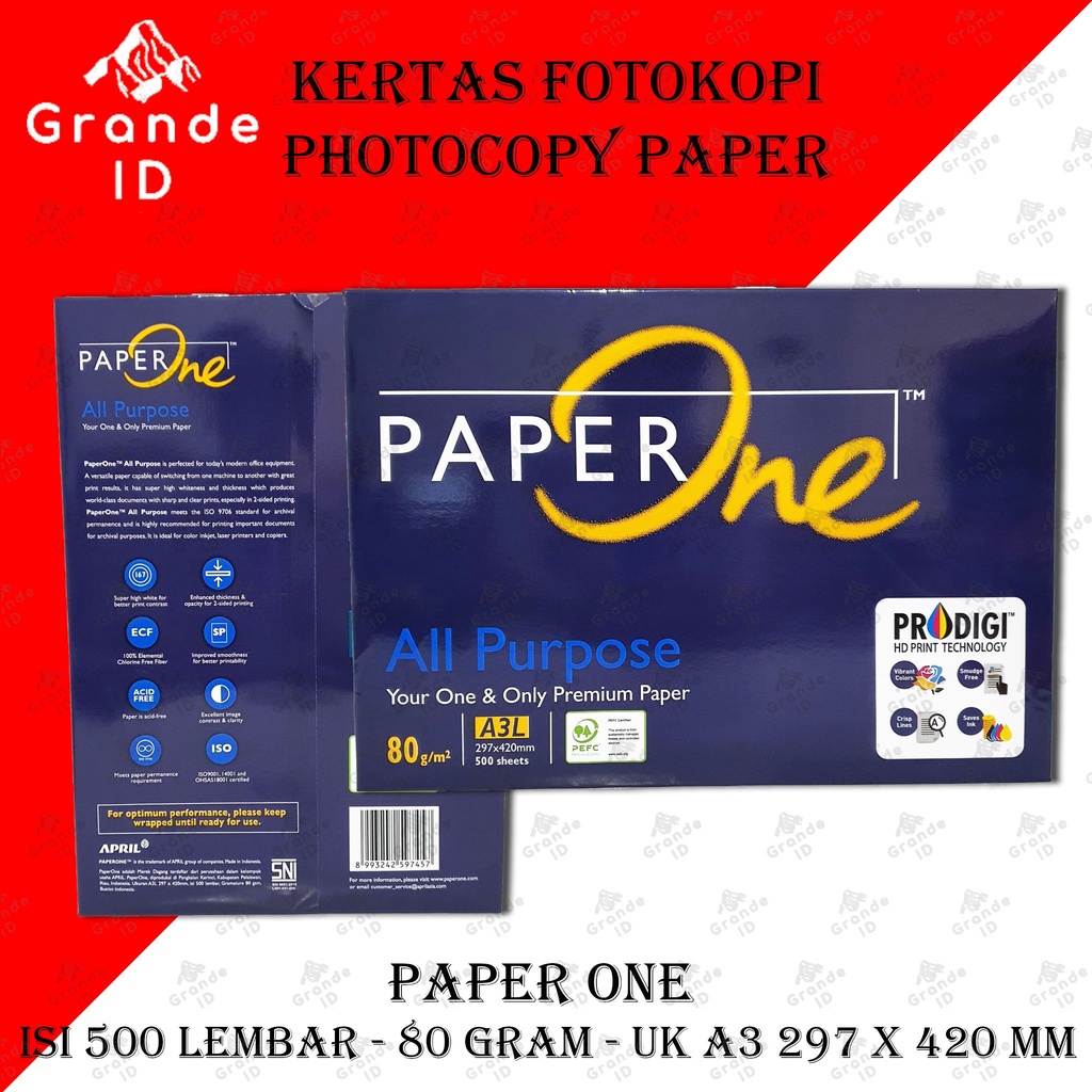 

KERTAS FOTOKOPI PAPERONE 80 GRAM A3 297 X 420 MM ISI 500 LBR PAPER ONE