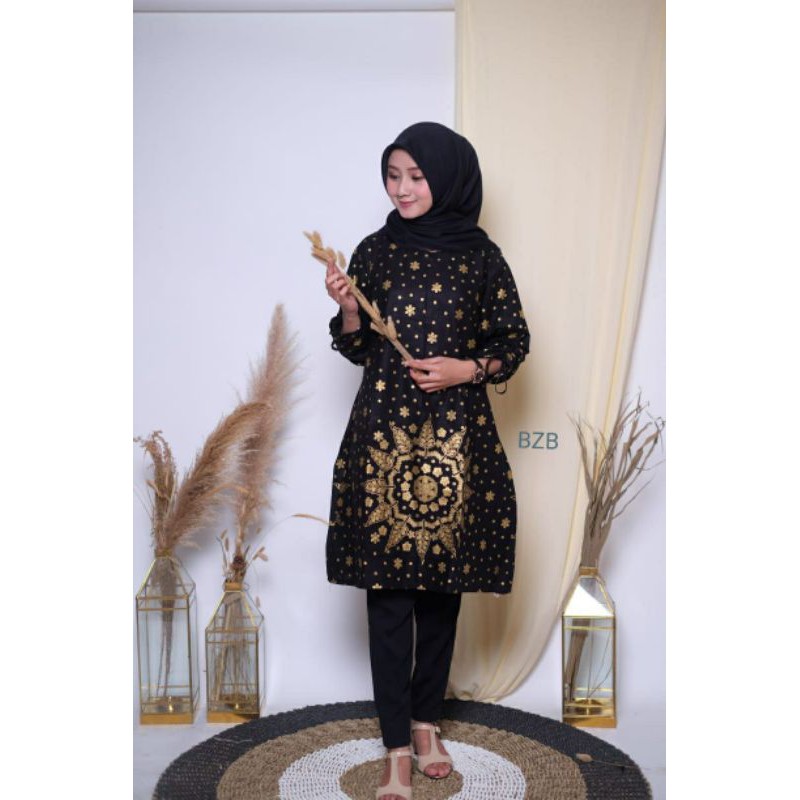 dress batik cewek model tunik motif mata daun hitam kombinasi gold pradaa emas all size formal kerja