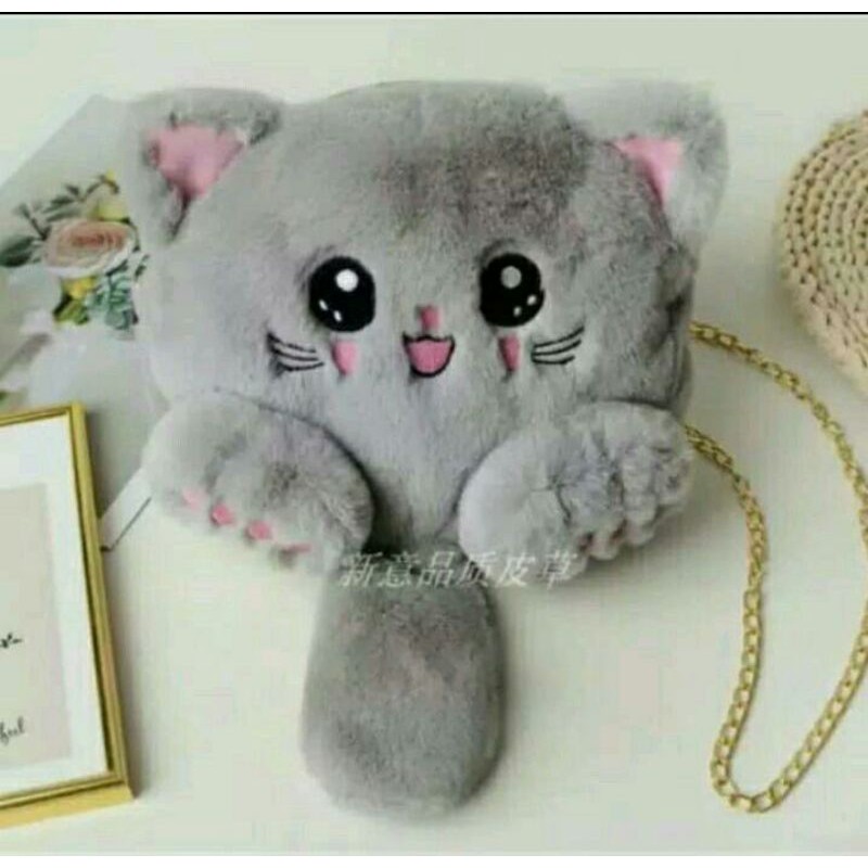 Tas Selempang Boneka Kucing FYYKACU Tas tali rantai Tas bulu korean style muat hp &amp; dompet ini