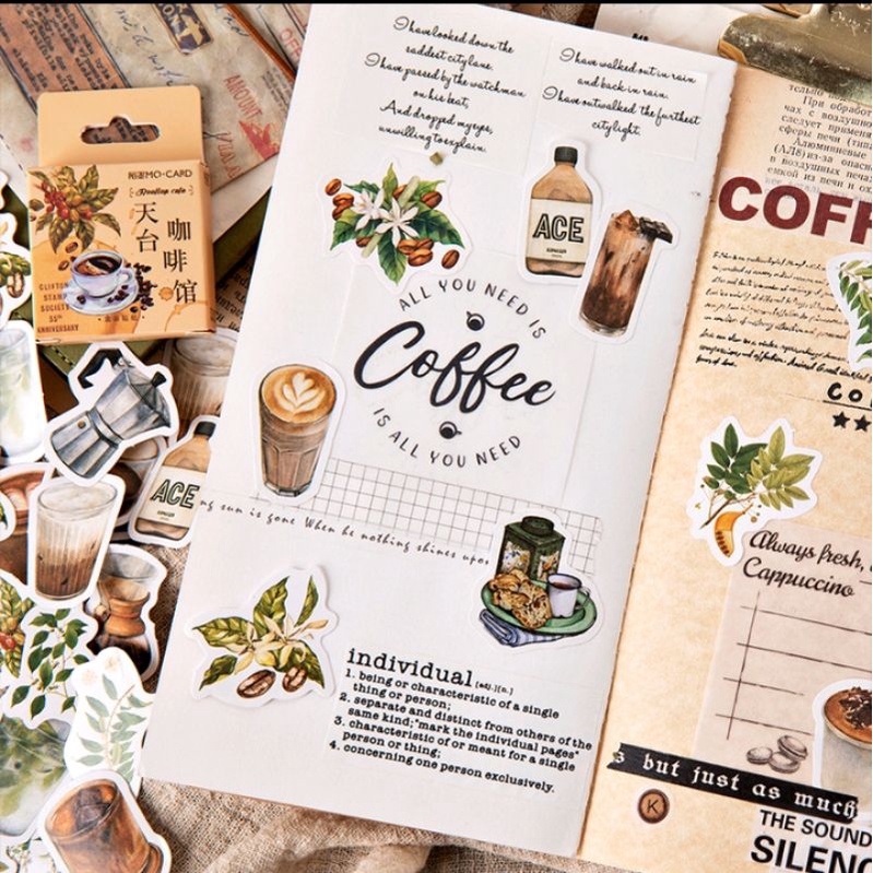 

Aesthetic Sticker Deco Box 46pcs kantong Stiker Desain Kopi Untuk Dekorasi Scrapbook