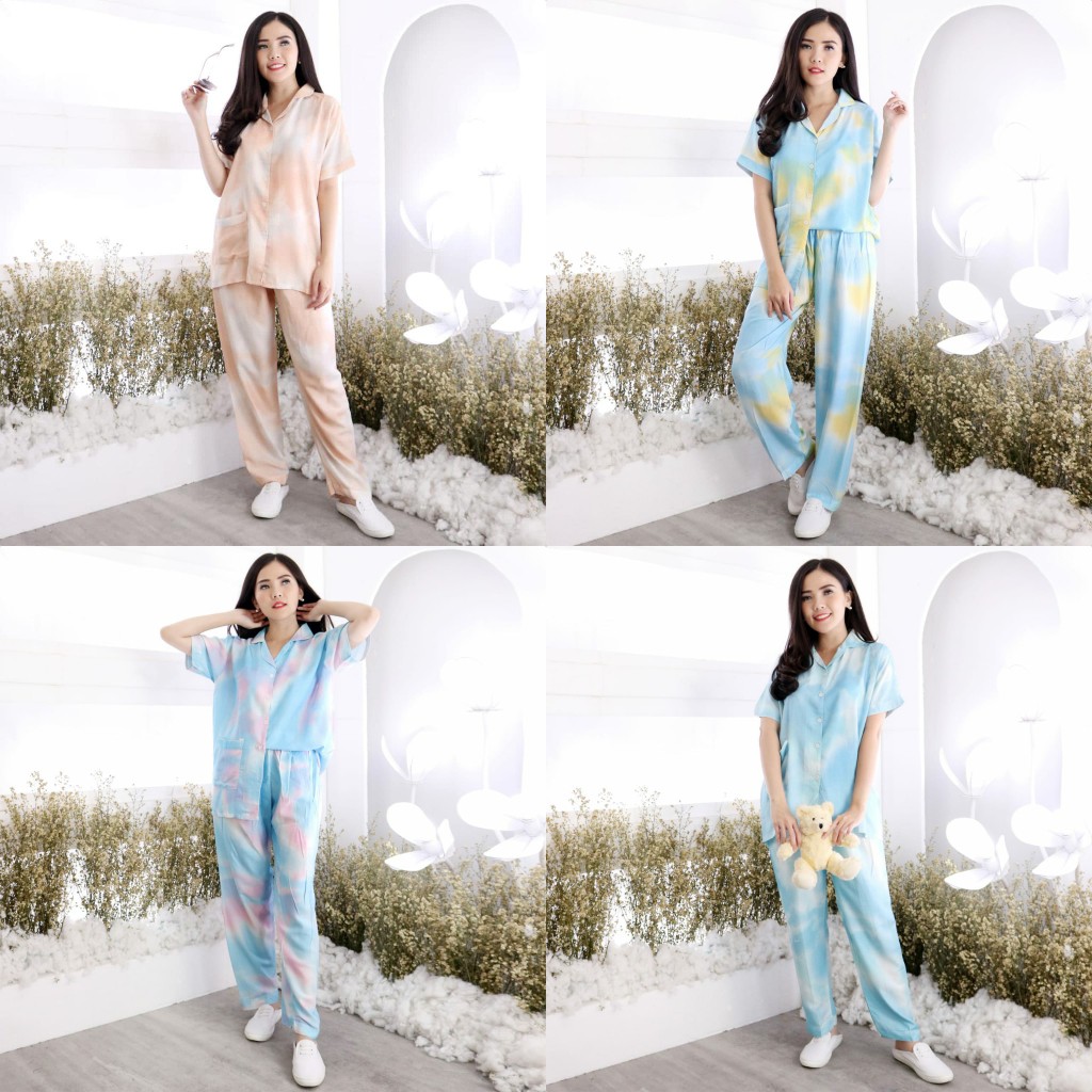 PIYAMA WANITA TIE DIE SATU SET WARNA PINK LENGAN PENDEK CELANA PANJANG BAJU TIDUR WANITA RAYON IMPOR