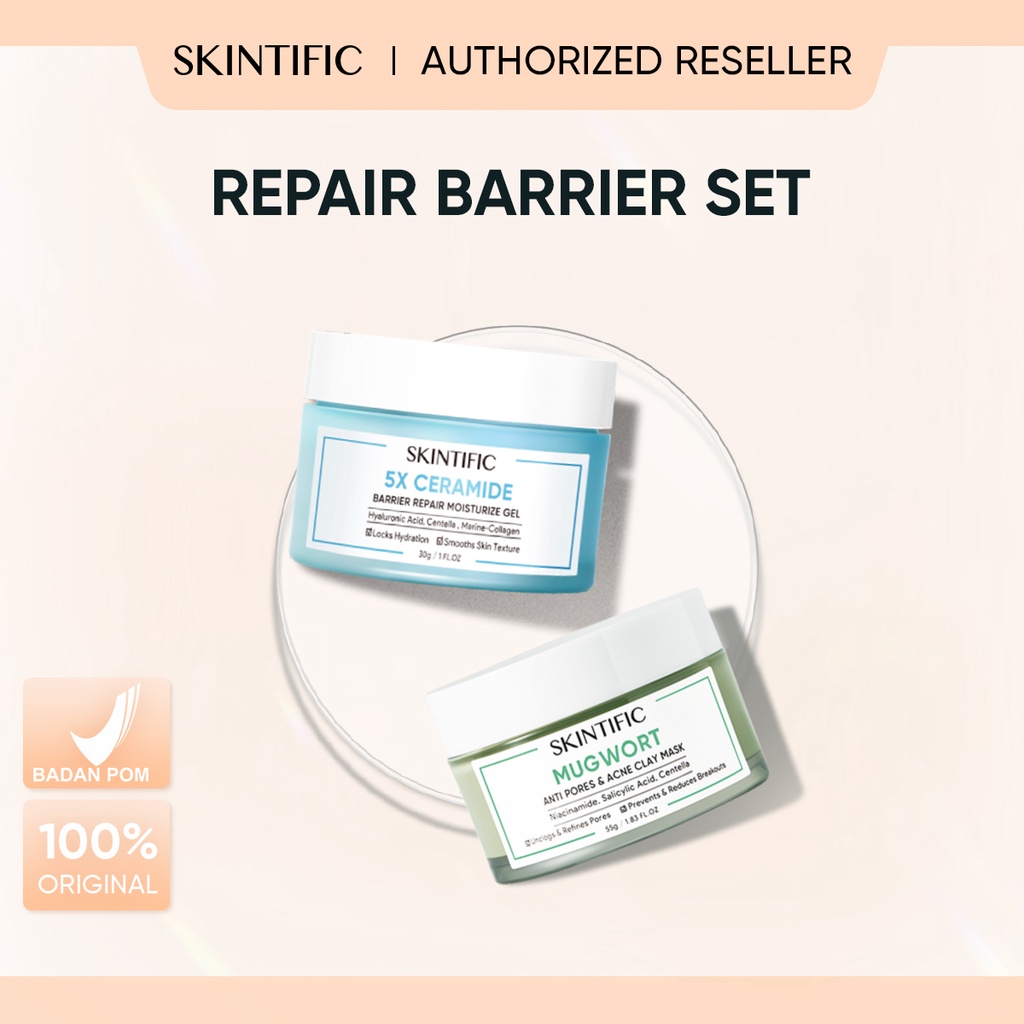 SKINTIFIC Acne Repair Barrier Paket Skincare with 5x Ceramide Moisturizer Cream + Mugwort Mask Anti Acne Mud Mask[BPOM]