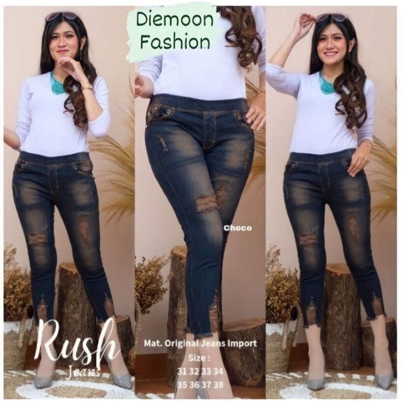 Rush jeans 7/9 pinggang karet bahan melar . Jeans sobek jeans keninian. Jeans Rekomendasi infuencer