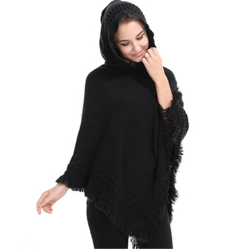 Kasual Wanita Sweater Poncho Cape Rajutan Sweater Berkerudung Rumbai Solid Pullover Wanita Ponco